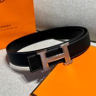 Hermes Guilloched H Reversible Belt Leather In Black/Silver