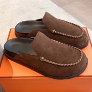 Hermes Johan Mules Unisex Suede In Coffee