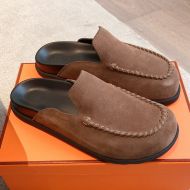 Hermes Johan Mules Unisex Suede In Dark Brown