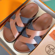 Hermes Kazimir Slides Unisex Calfskin and Denim In Coffee/Navy Blue