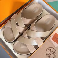 Hermes Kazimir Slides Unisex Calfskin and Suede In Khaki