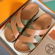 Hermes Kazimir Slides Unisex Woven Ribbon and Calfskin In Brown/Green
