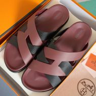 Hermes Kazimir Slides Unisex Woven Ribbon and Calfskin In Burgundy/Black