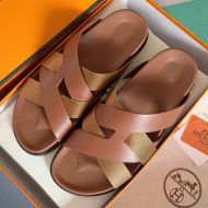 Hermes Kazimir Slides Unisex Woven Ribbon and Calfskin In Coffee/Brown