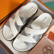 Hermes Kazimir Slides Unisex Woven Ribbon and Calfskin In White/Grey