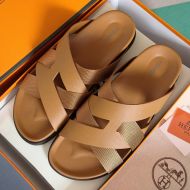 Hermes Kazimir Slides Unisex Woven Ribbon and Epsom Calfskin In Brown