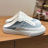 Hermes Keep Mules Unisex Calfskin and Canvas In White/Blue