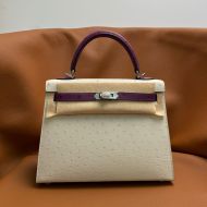 Hermes Kelly Bag Ostrich Leather Palladium Hardware In White/Purple
