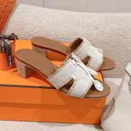 Hermes Oasis Slides Women Fringed Linen Canvas In White