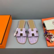 Hermes Oran Slides Women Crocodile Leather In Light Purple