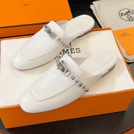 Hermes Oz Mules Women Calfskin with Medor Studs Kelly Buckle In White