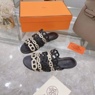 Hermes Thalassa Slides Women Nappa Leather In Black/Gold