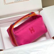 Hermes Trousse Bride-A-Brac Case Canvas Palladium Hardware In Rose/Red