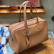 Hermes Victoria Travel Bag Clemence Leather Palladium Hardware In Brown