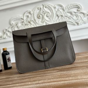 Hermes Halzan Bag Clemence Leather In Etain Grey