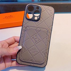 Hermes iPhone Case Embossing Leather with Card Holder Grey