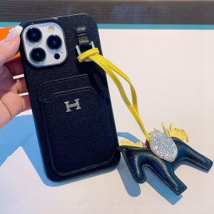 Hermes iPhone Case Grained Leather with Card Holder and Charm Black