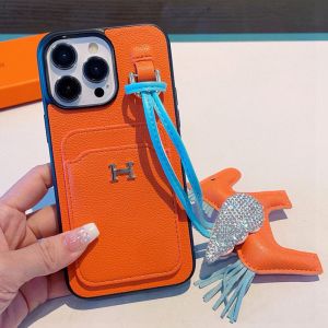 Hermes iPhone Case Grained Leather with Card Holder and Charm Orange