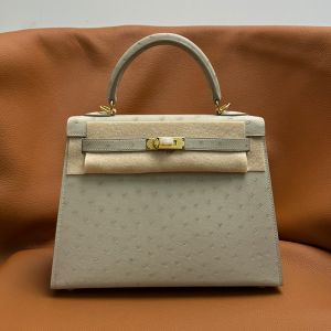 Hermes Kelly Bag Ostrich Leather Gold Hardware In Beige