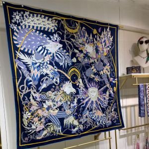 Hermes Le Sacre des Saisons Shawl 140 In Navy Blue