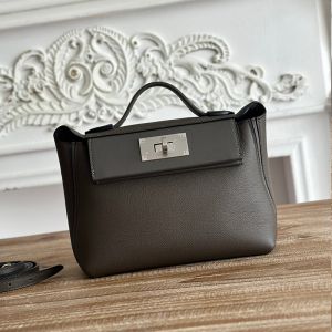 Hermes Mini 24/24 Bag Evercolor/Swift Leather Palladium Hardware In Etain Grey