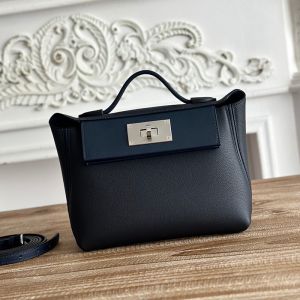 Hermes Mini 24/24 Bag Evercolor/Swift Leather Palladium Hardware In Navy Blue