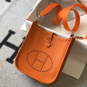 Hermes Mini Evelyne Bag Clemence Leather Palladium Hardware In Orange